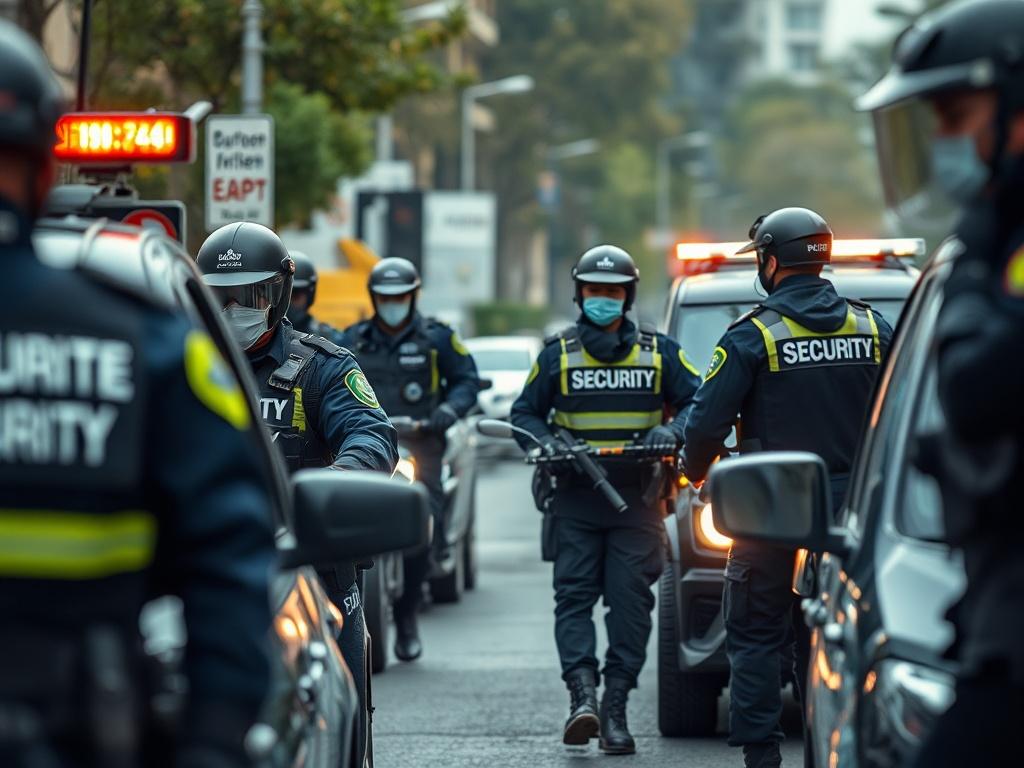 A dynamic high-resolution image of security personnel responding to an incident in a professional and organized manner. The scene should depict them in action, perhaps approaching a location in marked vehicles. The focus should be on their readiness and determination, with a sense of urgency in the atmosphere, ensuring viewers understand their swift response capabilities.