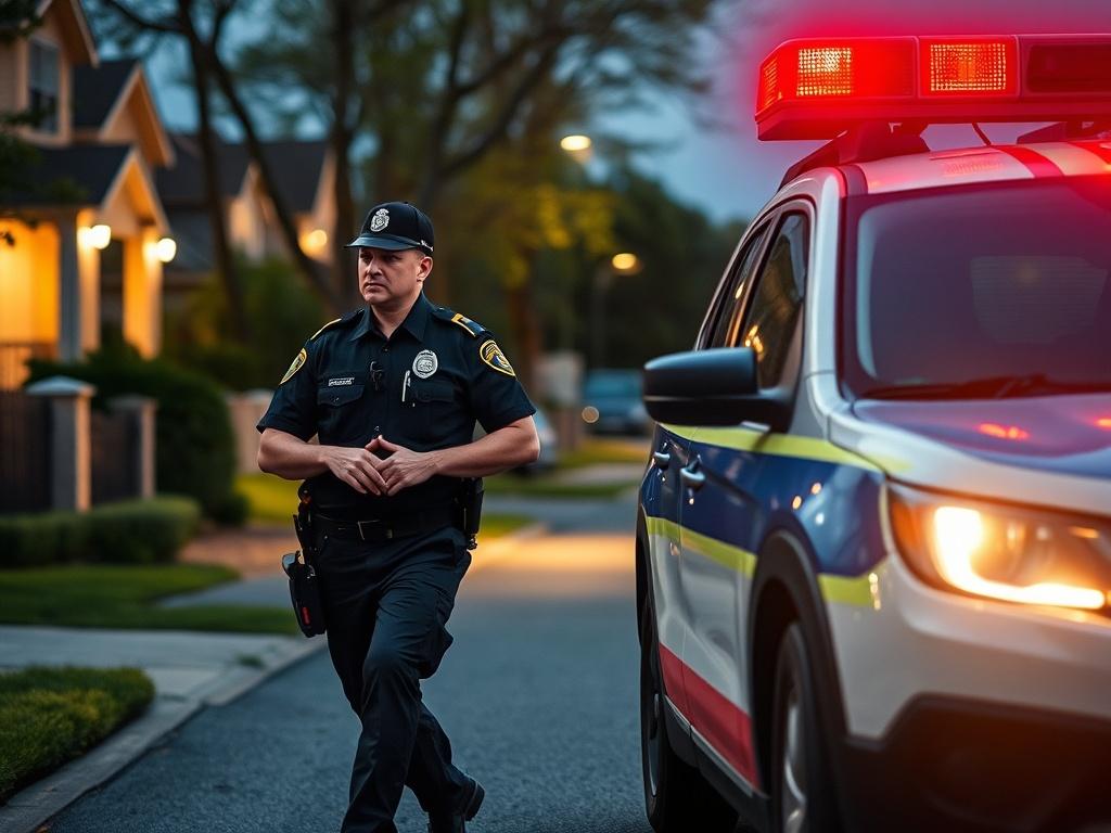 A high-resolution image of a marked security patrol vehicle parked strategically in a residential area. The scene should capture a security officer in uniform conducting a foot patrol, with a focus on their attentive demeanor. The background should show a well-lit neighborhood, emphasizing a sense of safety and vigilance. The image should use a vibrant red accent in the patrol vehicle to match the brand's primary color.
