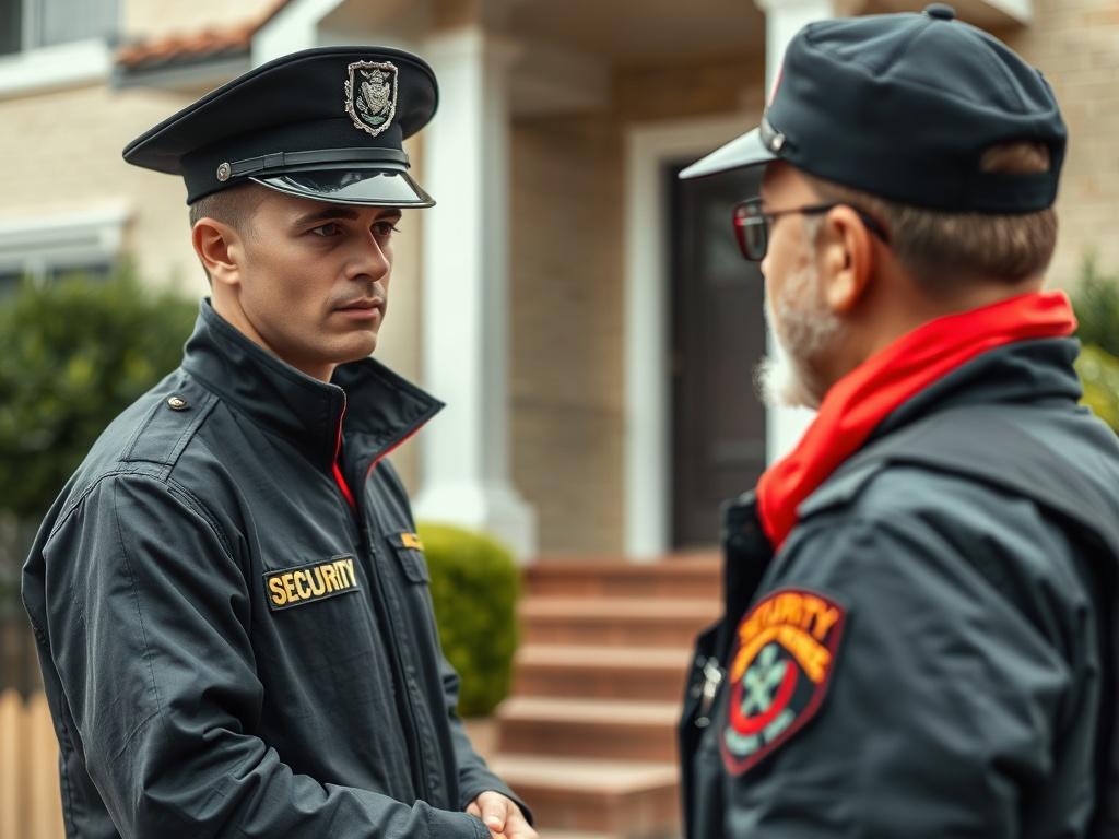 A close-up shot of a professional security guard interacting with a squatter in front of a property, showcasing a calm and respectful demeanor. The background should depict a residential property, emphasizing the context of squatter removal. The scene should convey a sense of authority and professionalism, with the guard clearly in uniform. The color scheme should incorporate a vibrant red accent to align with the brand's primary color.