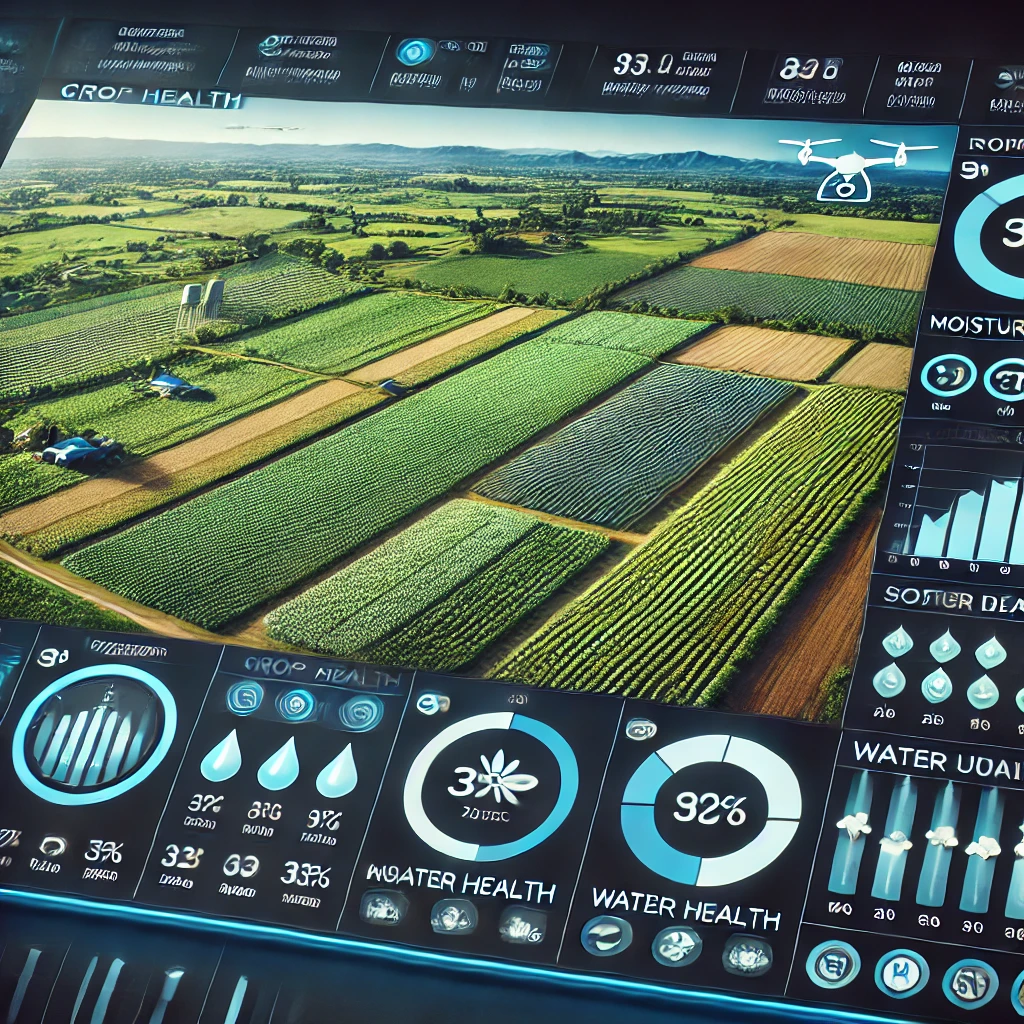 dall·e 2024-09-23 23.18.47 - a photo-realistic dashboard for crop health monitoring. the dashboard features a large aerial image of a farm with various crops, captured by drone. d.webp