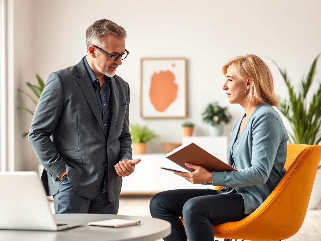 A realistic high-resolution photo of a professional coach engaging with a client in a bright, modern office. The scene should depict a warm and welcoming environment with minimalistic decor, clean lines, and vibrant colors. The coach, a confident individual, should be seen actively listening and providing guidance while the client, an eager learner, takes notes. The background should be simple yet elegant, focusing on the connection between the two.