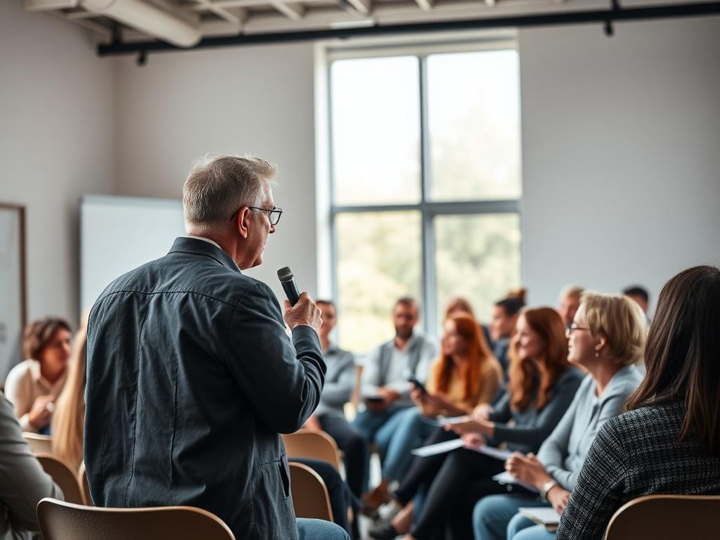 A realistic high-resolution photo capturing a motivational seminar in action, with a charismatic speaker addressing an enthusiastic audience. The room should be filled with natural light and minimalistic decor, creating an inviting atmosphere. Attendees, varied in age and background, should be seen engaged and taking notes. The background should emphasize the energy of the event, showcasing the connection between speaker and audience.