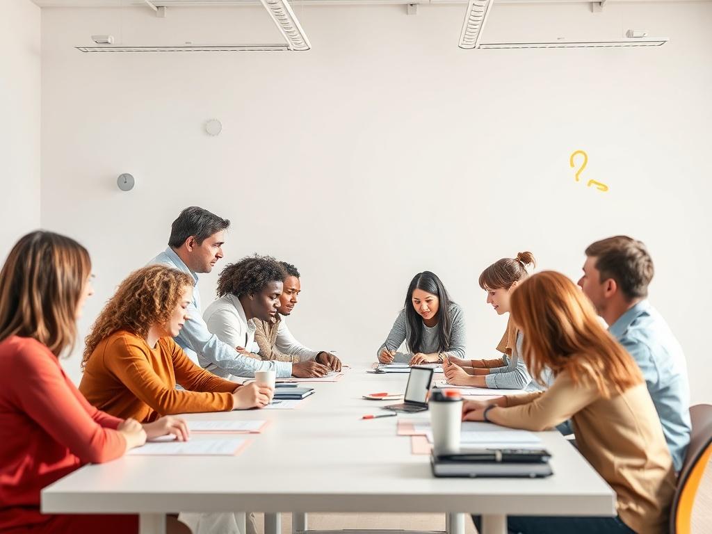 A high-resolution photo depicting a lively workshop environment with participants actively engaged in learning. The setting should be bright and modern, featuring a large table with diverse individuals collaborating on a project. The instructor, a knowledgeable facilitator, should be guiding the group with enthusiasm. The background should be minimalistic yet vibrant, highlighting the interactive atmosphere of the workshop.
