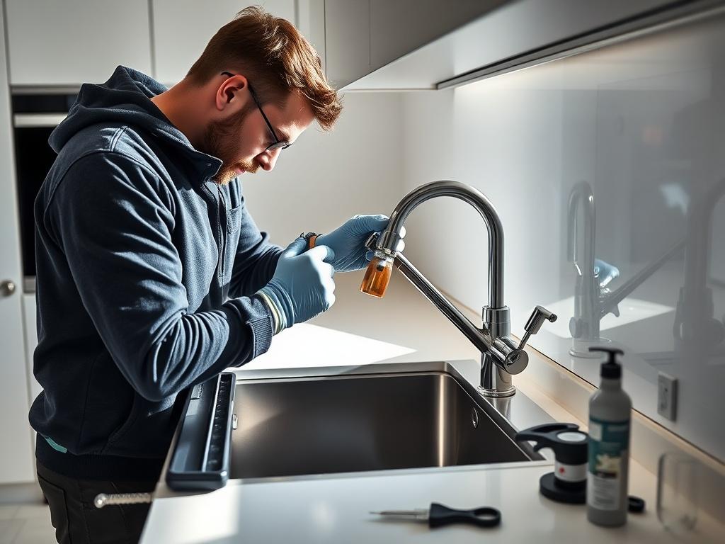 A close-up of a person repairing a faucet in a modern kitchen. The individual is focused, wearing gloves, and using tools effectively. The sink area is clean and organized, with a few tools and parts neatly arranged nearby. Bright, natural light highlights the sleek design of the kitchen, creating a professional and engaging atmosphere.
