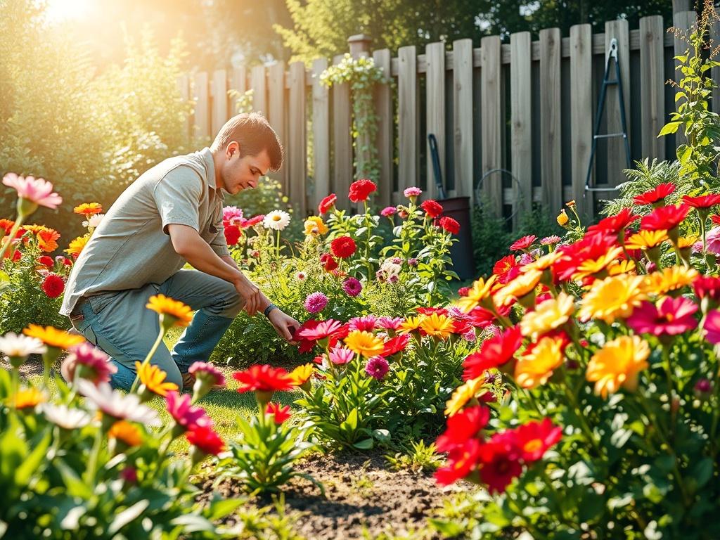 A vibrant garden featuring a variety of colorful flowers and lush greenery. In the foreground, a gardener kneels down, tending to a flower bed while surrounded by blooming plants. Bright sunlight illuminates the scene, enhancing the rich colors of the flowers. In the background, a wooden fence and garden tools are visible, creating a serene gardening environment.