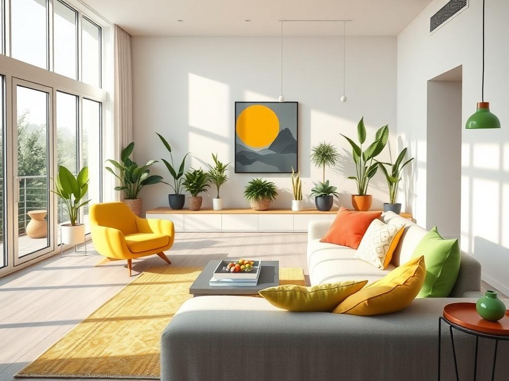 A beautifully renovated living room showcasing a modern design with minimalistic furniture and vibrant green accents. The room is bright with natural light streaming through large windows. In the foreground, a comfortable sofa is adorned with colorful cushions. The background features a striking wall with artwork and indoor plants, creating a warm and inviting atmosphere.