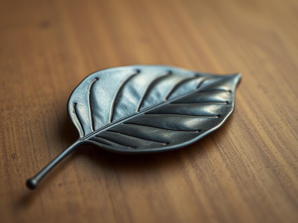 A stunning, realistic high-resolution photo of a blacksmith-made leaf, showcasing intricate details and craftsmanship. The leaf should be the focal point, with a polished metallic finish that reflects light beautifully. The background should be simple and minimalistic, allowing the leaf to stand out. The composition should feature the leaf placed on a smooth wooden surface, emphasizing the contrast between the metal and wood. The image should use bold vibrant colors with a focus on essential elements, compa
