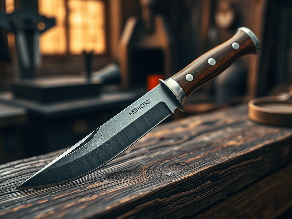 A realistic high-resolution photo of a beautifully crafted blacksmith's knife placed on a rustic wooden workbench. The knife should be the central focus, showcasing its intricate details, sharp blade, and elegant handle. The background should be softly blurred, hinting at a workshop environment with faint silhouettes of tools and a forge, illuminated by warm, natural light to enhance the craftsmanship of the knife.