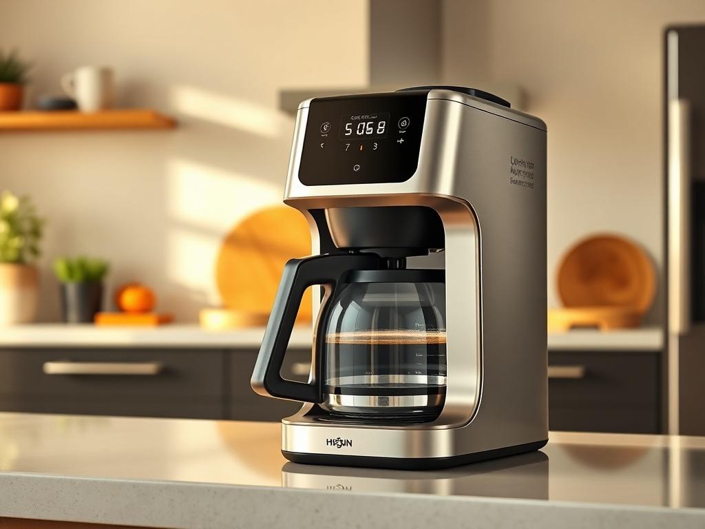 A highly detailed and realistic image of a premium coffee brewer set on a kitchen countertop. The brewer showcases a modern design with a sleek finish and digital controls. The background features a cozy kitchen ambiance with natural light and clean lines, highlighting the brewer's elegance and functionality.