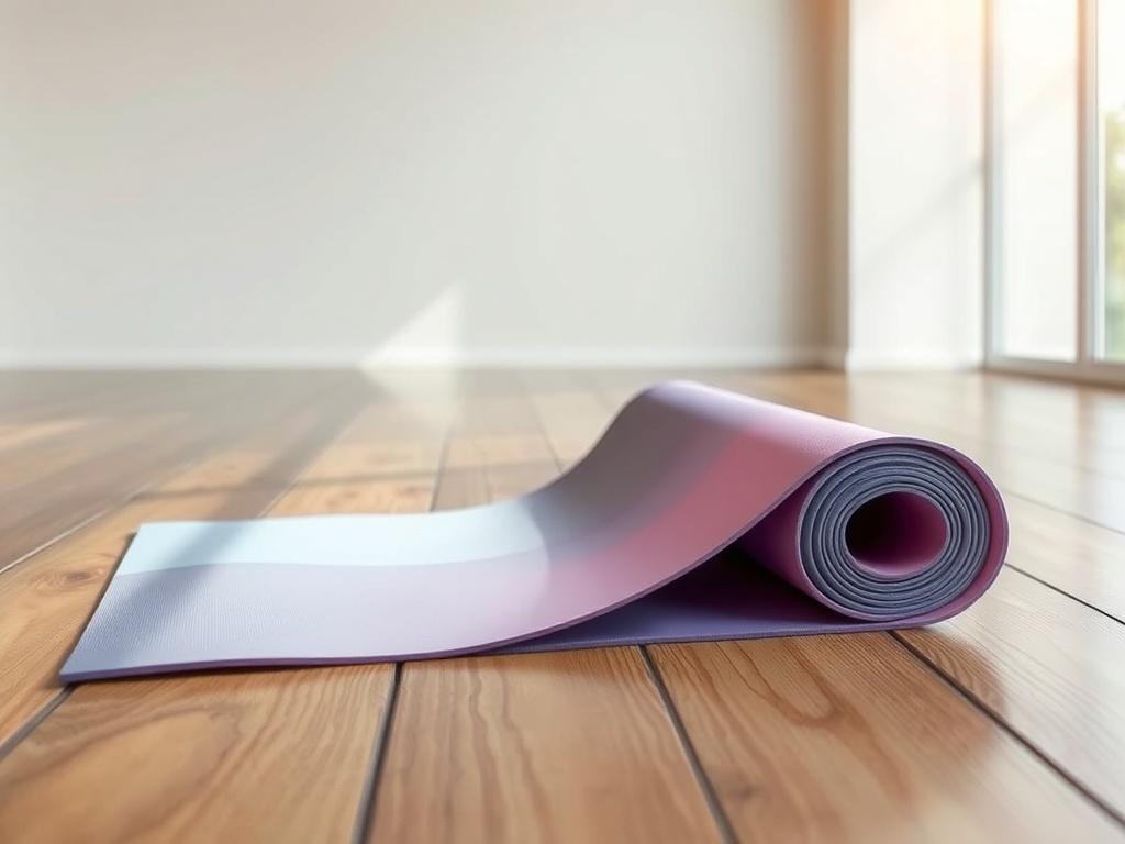 A realistic high-resolution image of a stylish yoga mat rolled out on a wooden floor in a serene yoga studio. The mat displays vibrant colors and a minimalistic design. The background includes soft natural lighting and clean lines, creating a calming atmosphere that emphasizes the yoga mat's elegance.