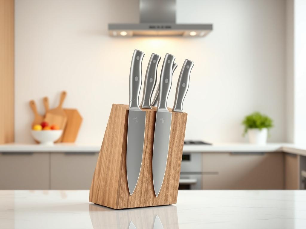 A photorealistic image of a sleek kitchen knife set displayed in a modern kitchen. The knives are arranged neatly in a stylish wooden block, showcasing their shiny stainless steel blades and ergonomic handles. The background features a minimalistic kitchen design with clean lines and bold vibrant colors, emphasizing the elegance of the knife set.
