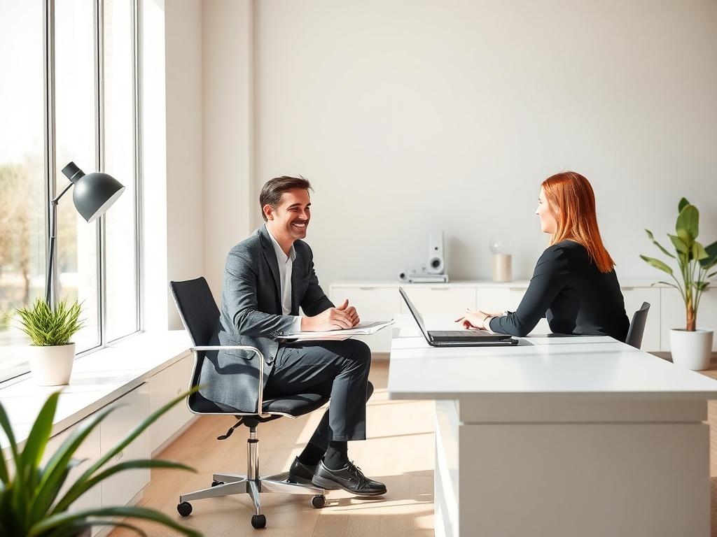 A professional consultant sitting at a sleek, modern desk, engaged in a one-on-one conversation with a client. The room is filled with natural light, featuring minimalistic design elements and a calming color palette. The consultant is depicted in a warm and inviting manner, with an attentive expression. The background showcases a clean, organized workspace with a few essential items, emphasizing focus and clarity.