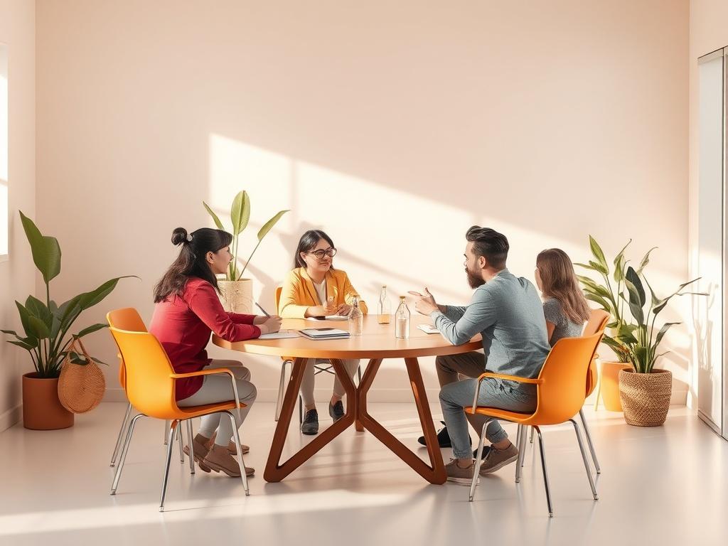 A serene and inspiring setting where a small group is gathered around a table, engaged in a goal-setting session. A facilitator is leading the discussion with enthusiasm, and participants are taking notes and sharing ideas. The room has a clean, minimalistic design, with natural elements like plants adding warmth. Bright, inviting colors create an atmosphere of positivity and focus.