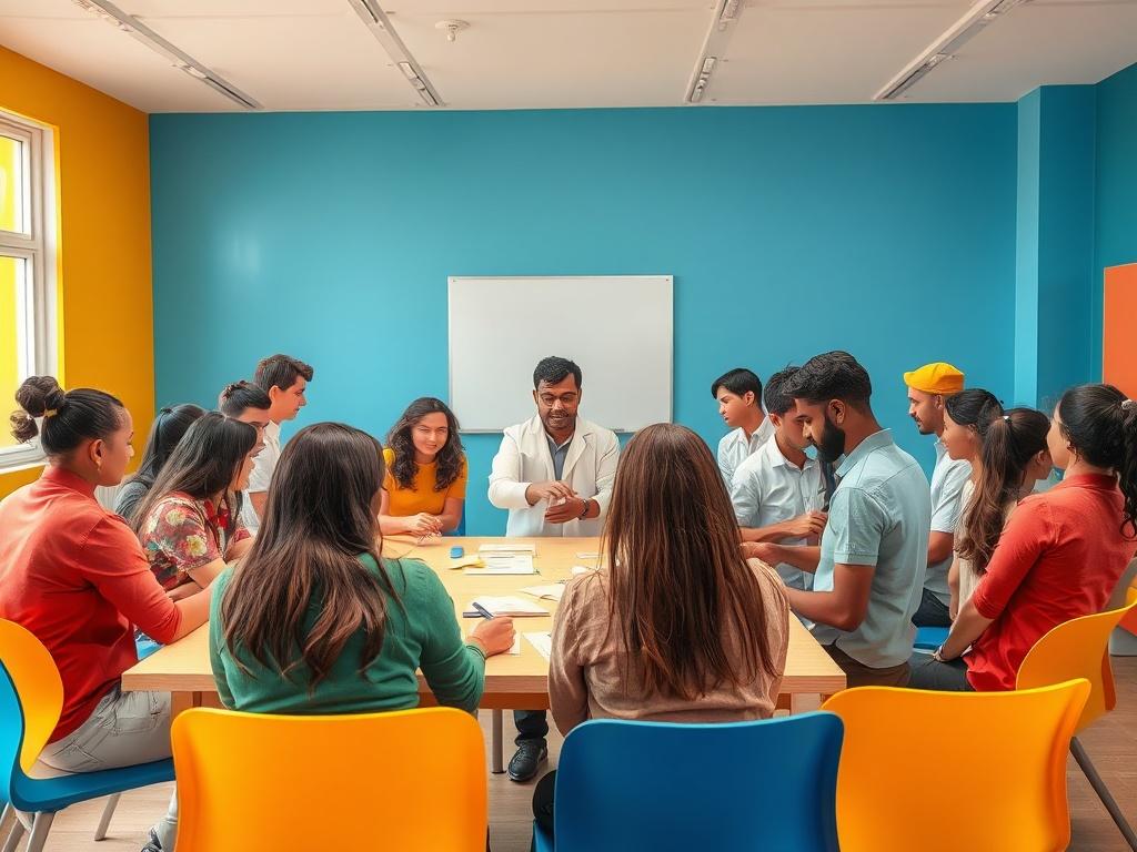 A vibrant workshop setting with a diverse group of participants actively engaging in a hands-on activity. A skilled instructor is guiding the group, showcasing enthusiasm and expertise. The room features bold colors and minimalistic design, with essential learning materials neatly arranged. The atmosphere is energetic and collaborative, capturing the essence of an interactive learning experience.