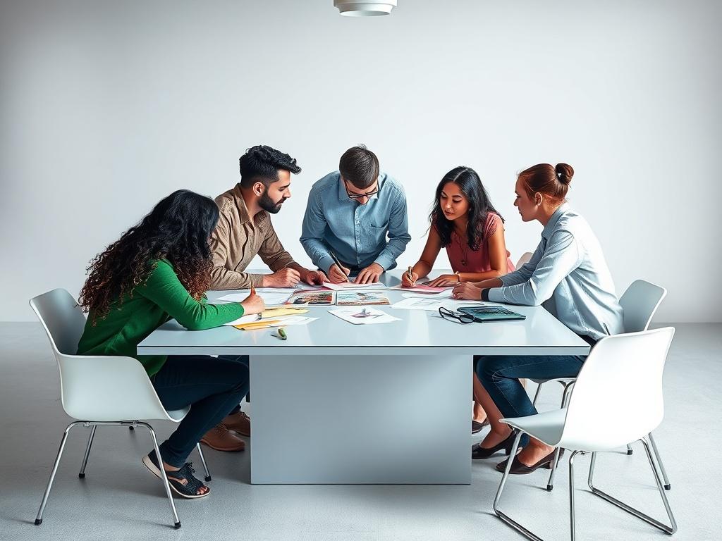 A close-up shot of a creative consultation session, featuring a diverse group of individuals brainstorming around a sleek, modern table. They are engaged in discussion, with vibrant sketches and notes scattered around them. The background is minimalistic, emphasizing the focus on collaboration and creativity. The colors are bold and vibrant, with an emphasis on greenery, reflecting the rgb(50, 170, 39) primary color.