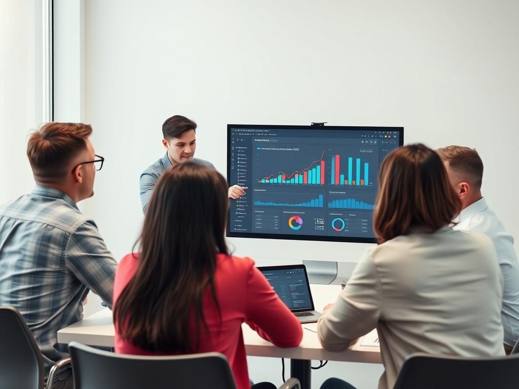 An engaging digital marketing strategy meeting, where a professional is presenting analytics on a laptop screen to an attentive audience. Charts and graphs are visible, showcasing impressive growth metrics. The setting is modern and bright, with a focus on collaboration and strategy development. The color palette includes bold, vibrant colors, harmonizing with the rgb(50, 170, 39) primary color.