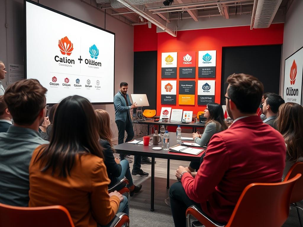 A stylish brand development workshop, where a design expert is showcasing logo concepts on a large screen to a captivated audience. The atmosphere is creative and inspiring, with design sketches and color swatches displayed prominently. The setting is sleek and modern, filled with bright, bold colors that complement the rgb(50, 170, 39) primary color.