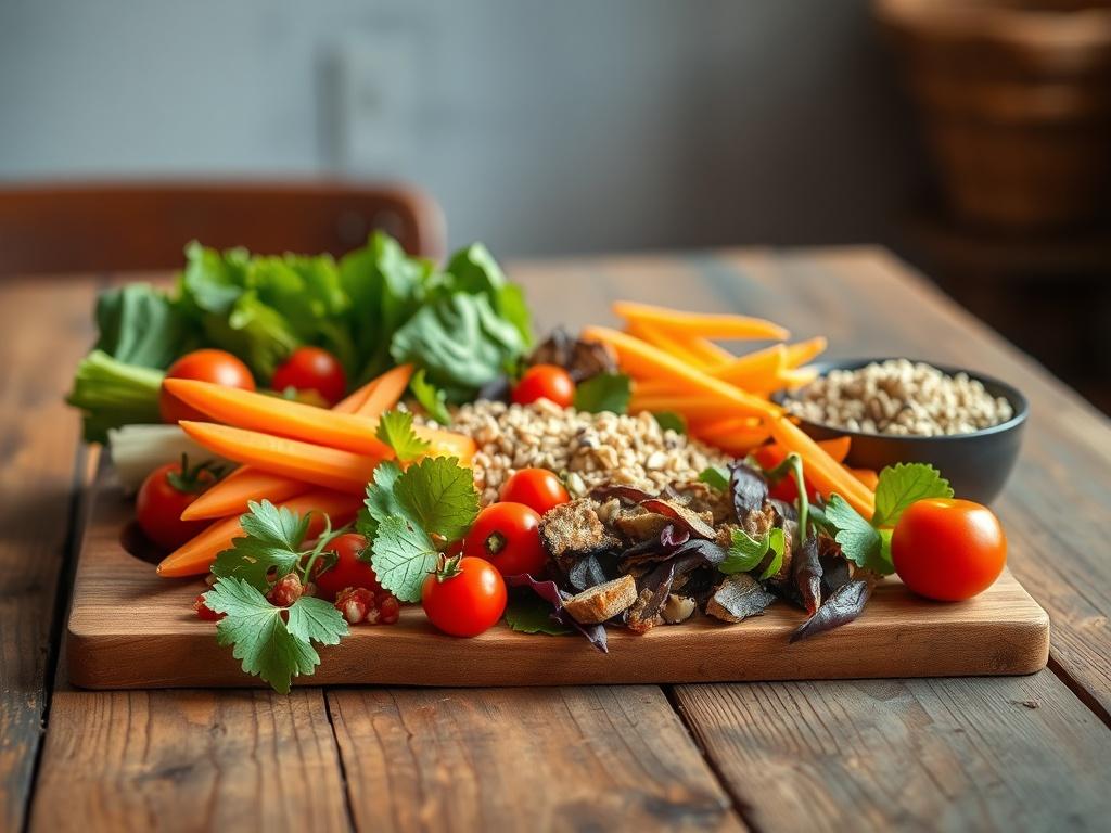 A realistic high-resolution photo of a beautifully arranged healthy meal on a rustic wooden table, featuring vibrant vegetables and grains. The background is softly blurred to emphasize the meal's colors and textures.