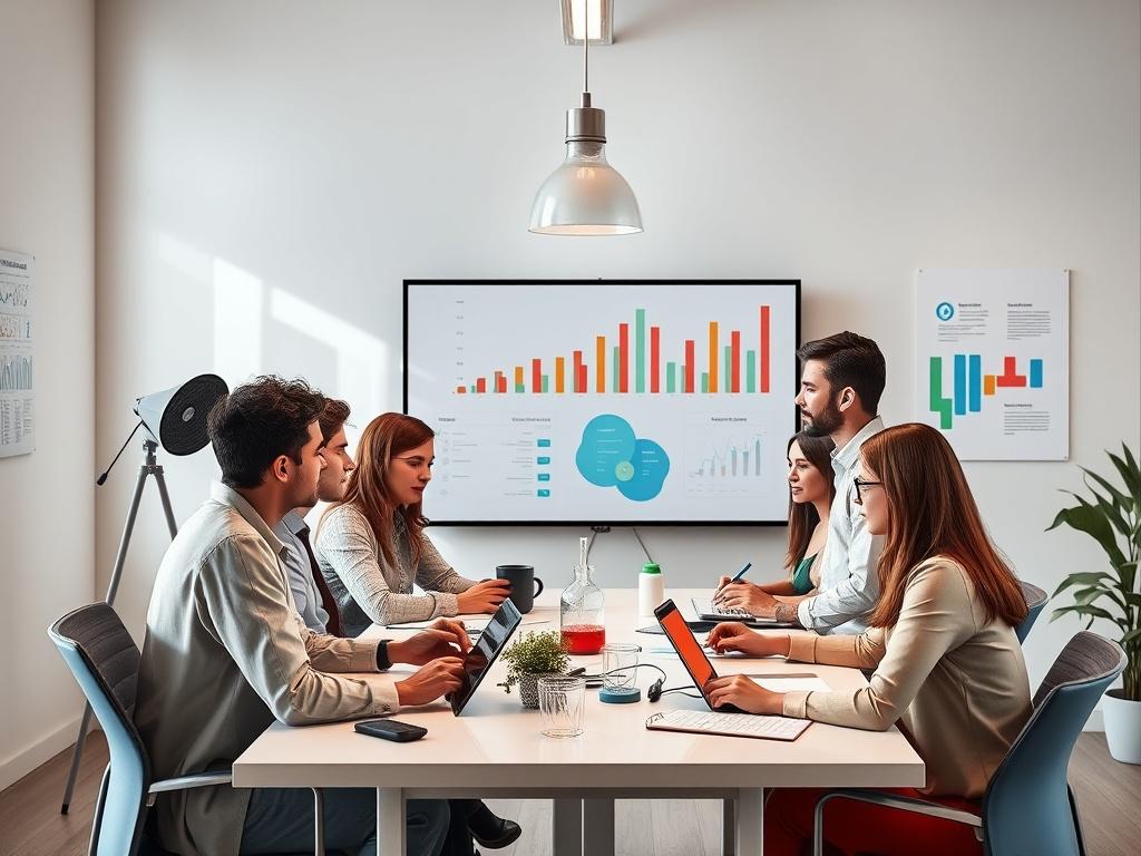 A vibrant workspace showcasing a digital marketing strategy session. The scene features a diverse group of professionals engaged in discussion, surrounded by charts, graphs, and digital devices. The background is minimalistic with clean lines and a focus on essential elements, enhanced by bold colors that highlight creativity and collaboration. The lighting is bright and inviting, creating an atmosphere of productivity and innovation.