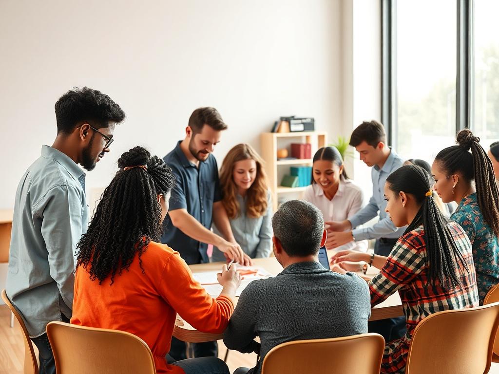 Produce a detailed image of a skill development workshop in action. Capture a diverse group of participants engaging in hands-on activities, with a facilitator leading the session. The scene should be bright and inviting, showcasing a collaborative learning environment.