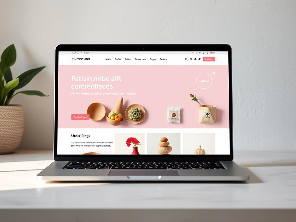 Generate a realistic image of a user-friendly e-commerce website displayed on a laptop. The screen should show a vibrant homepage featuring unique artisan products. Use a clean and modern design aesthetic with a minimalistic background to emphasize the website's functionality.