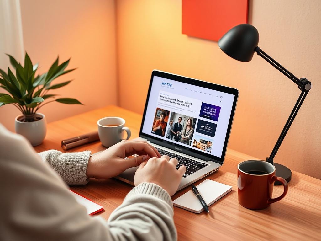 A cozy, modern workspace featuring a writer engaged in content creation. The scene includes a laptop with a vibrant screen displaying a blog post, surrounded by notepads and coffee cups. The background is minimalistic, emphasizing clean lines and essential elements, complemented by bold colors that create an inviting atmosphere. The lighting is warm and soft, reflecting a creative and focused environment.