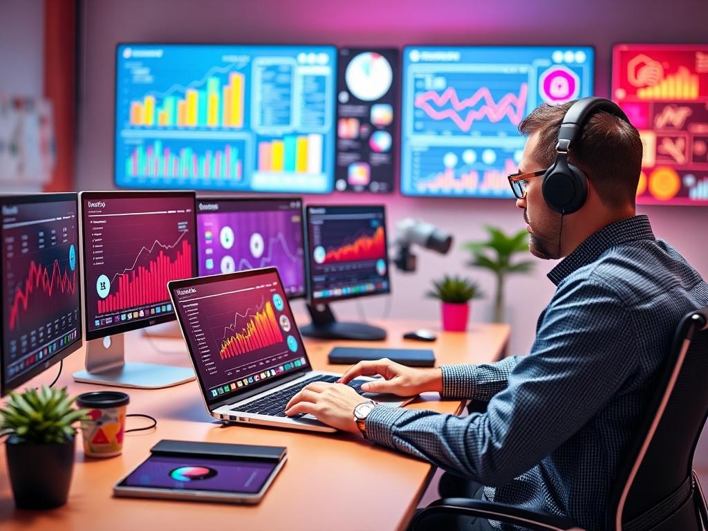 A dynamic scene showcasing a social media manager analyzing data on a laptop. The workspace is vibrant and modern, featuring colorful analytics charts and social media icons on screens. The background is minimalistic, focusing on essential elements that represent engagement and strategy. Bright, bold colors enhance the energetic atmosphere, and the lighting is clear and focused, symbolizing clarity in decision-making.