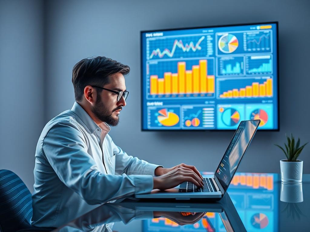A digital marketing expert analyzing data on a sleek laptop, surrounded by charts and graphs displayed on a wall screen. The environment is modern and bright, with bold colors that reflect creativity and innovation. The expert is intently focused on the screen, showcasing a collaborative atmosphere. The background features a minimalistic design, emphasizing the importance of clean visuals in marketing. This scene captures the essence of strategic planning and data-driven decision-making.