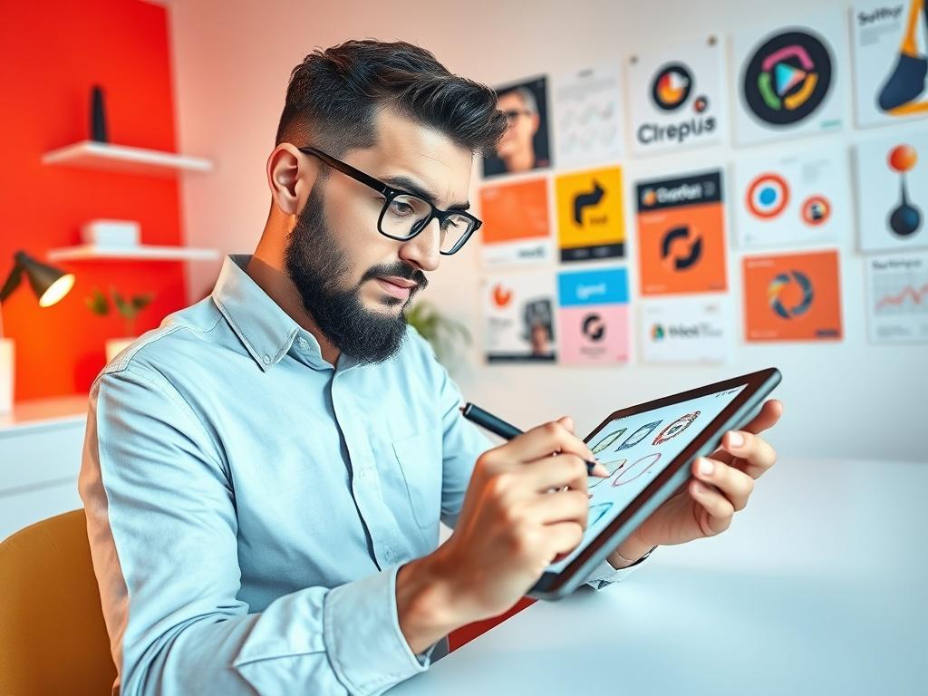 A designer working on a digital tablet, sketching logo concepts for a brand identity. The workspace is bright and inviting, featuring minimalist decor with bold colors that inspire creativity. The designer's focused expression reflects dedication to capturing the essence of the brand. In the background, there are mood boards showcasing various design elements, emphasizing the creative process of developing a strong brand identity. This image represents collaboration and innovation in branding.
