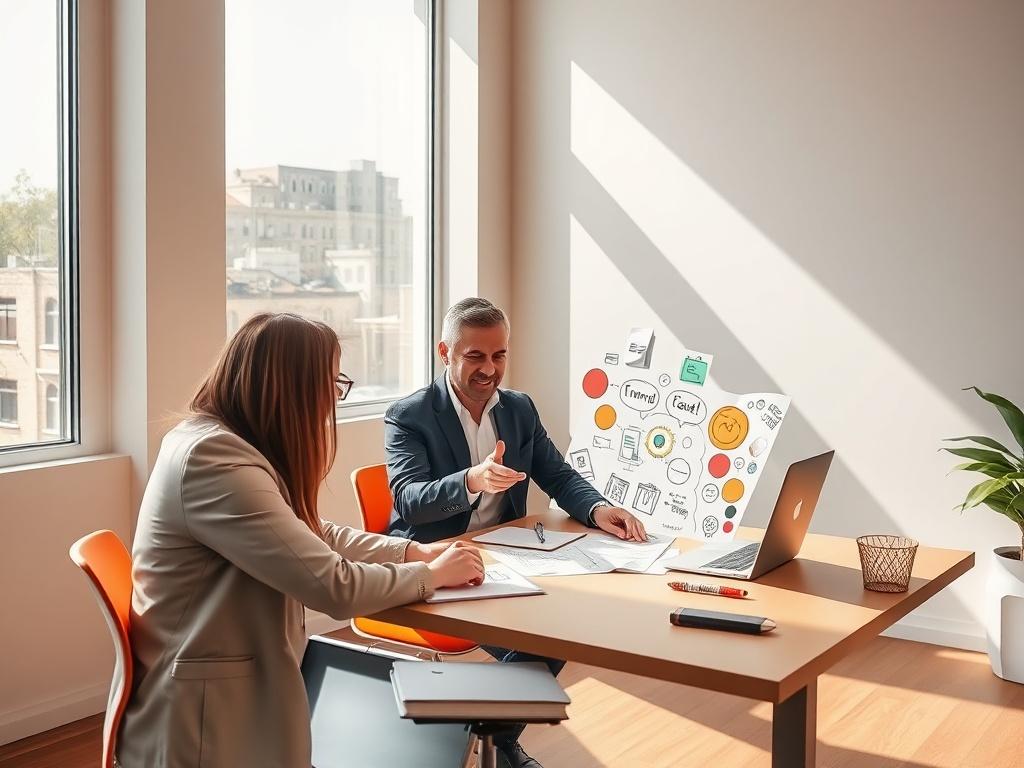 A professional consultant sitting at a modern desk, engaging in a vibrant discussion with a client. The room is minimally decorated with clean lines and a bold color palette. Sunlight streams through a large window, illuminating the space and highlighting their focused expressions. The atmosphere is energetic and creative, suggesting a dynamic brainstorming session. The consultant is gesturing towards a sketchpad filled with colorful ideas, symbolizing collaboration and inspiration.