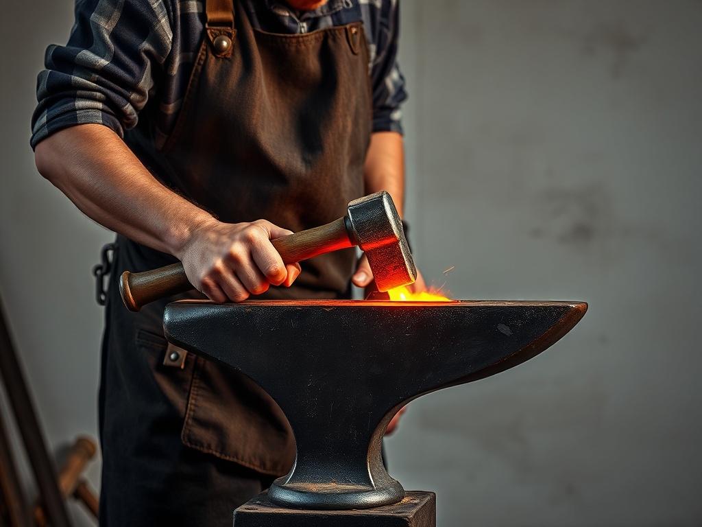 A skilled blacksmith bending hot steel on the horn of an anvil. The scene captures the intense focus of the blacksmith, showcasing the glowing red-orange steel as it is shaped with a hammer. The background is minimalistic, emphasizing the craftsmanship and the anvil. The lighting highlights the textures of the metal and the blacksmith's apron, creating a life-like and dynamic composition.
