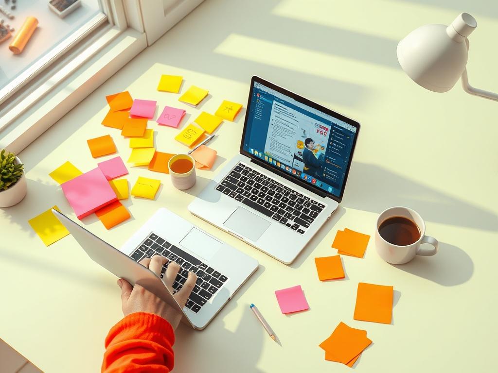 A vibrant, high-resolution image depicting a content creator brainstorming ideas in a bright, modern workspace. The scene includes a laptop open with writing software visible, colorful sticky notes scattered around, and a cup of coffee. The clean, minimalistic design emphasizes creativity and focus.