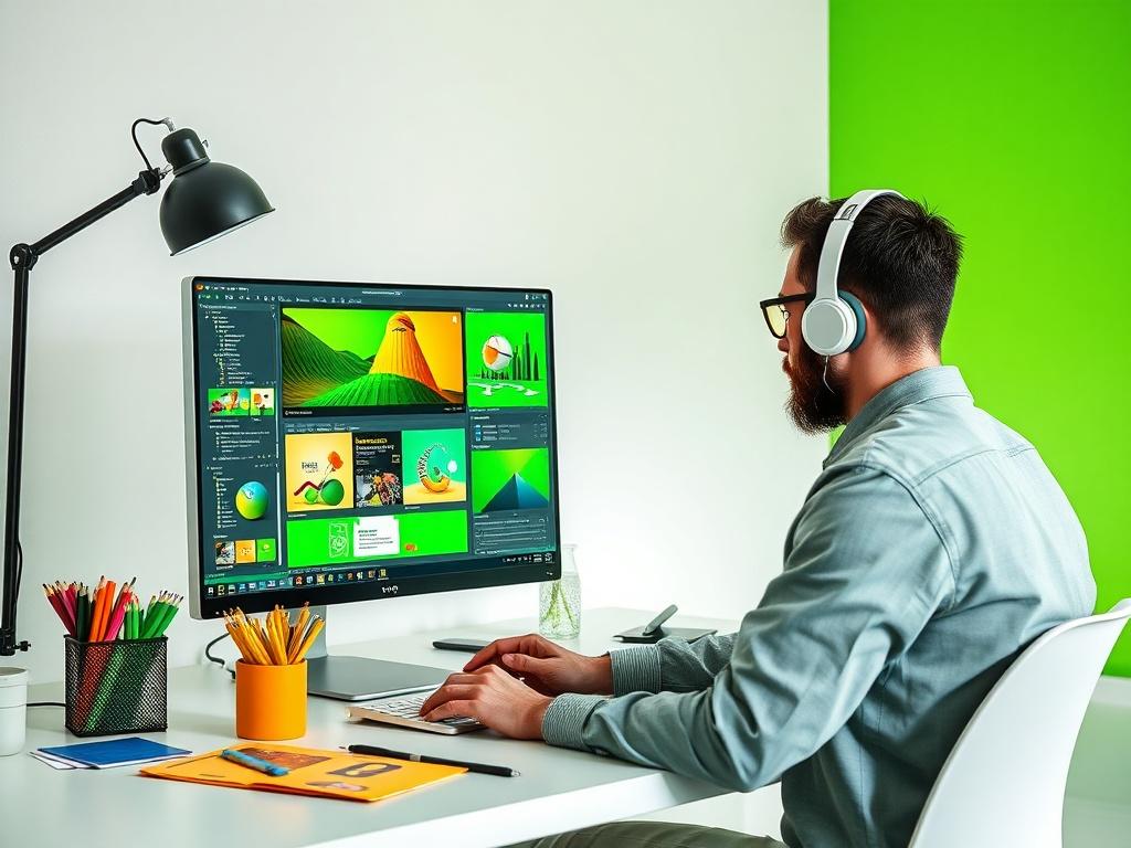 A striking, high-resolution image of a designer at work in a minimalistic studio setting, showcasing a vibrant green color palette. The designer is focused on a sleek computer screen displaying creative design software, surrounded by colorful design materials. The background features clean lines and soft lighting, highlighting the creative process in action.