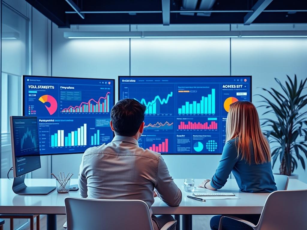 A high-resolution image showcasing a social media strategist analyzing data on a large screen in a contemporary office. The image includes graphs and metrics related to social media performance, with vibrant colors and a clean, professional atmosphere. The focus is on collaboration and strategy development.