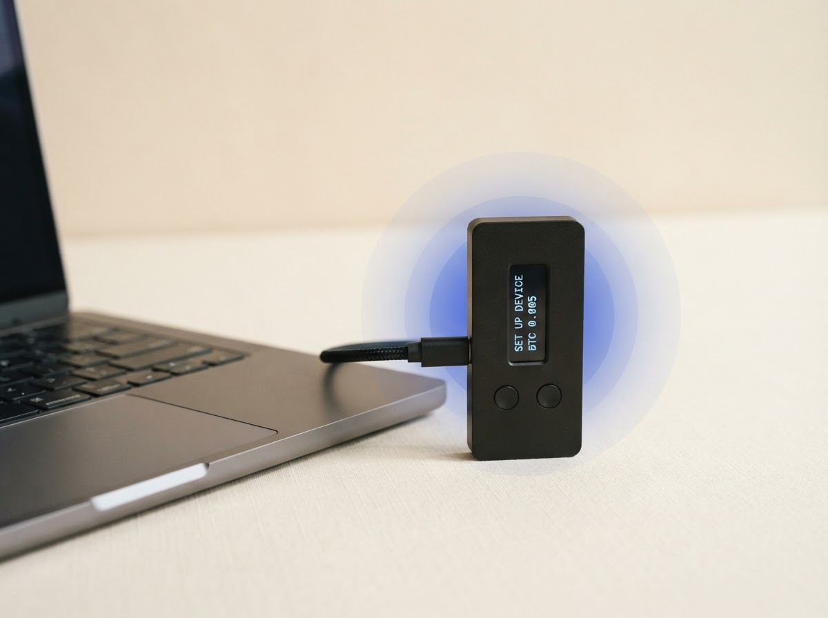 A Trezor-style hardware wallet ready to connect during setup