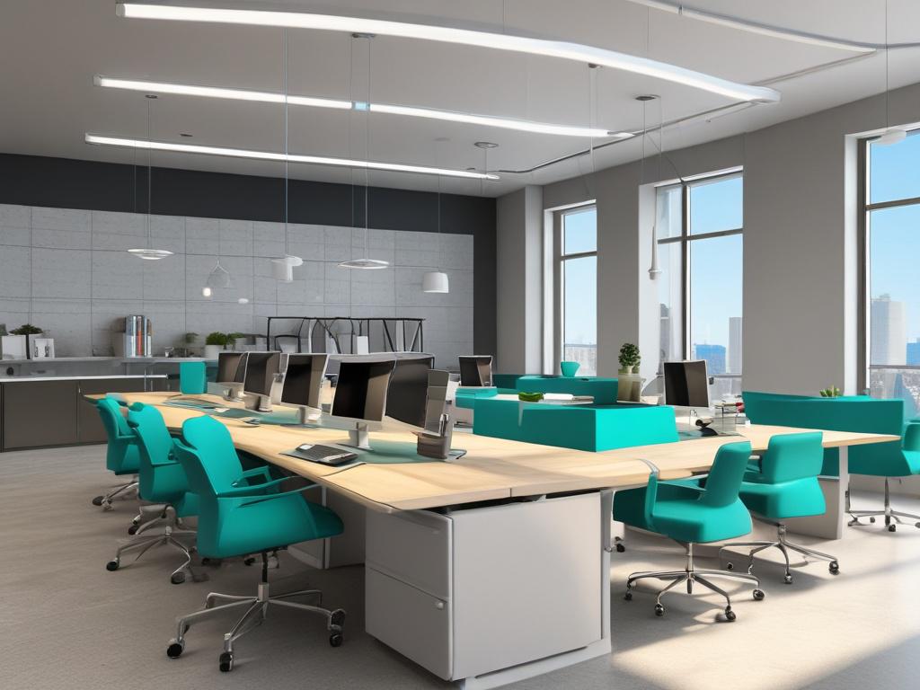 A modern commercial office space interior, featuring sleek furniture and