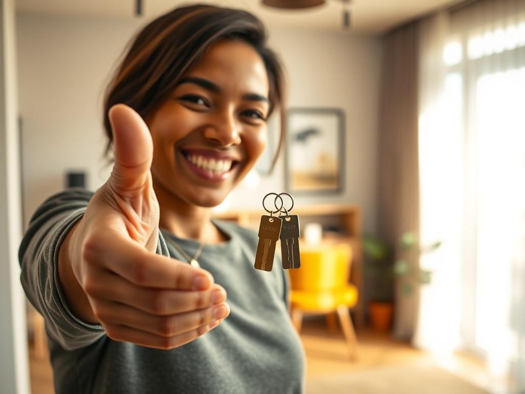A close-up shot of a happy tenant holding keys to a new apartment, smiling and looking satisfied.