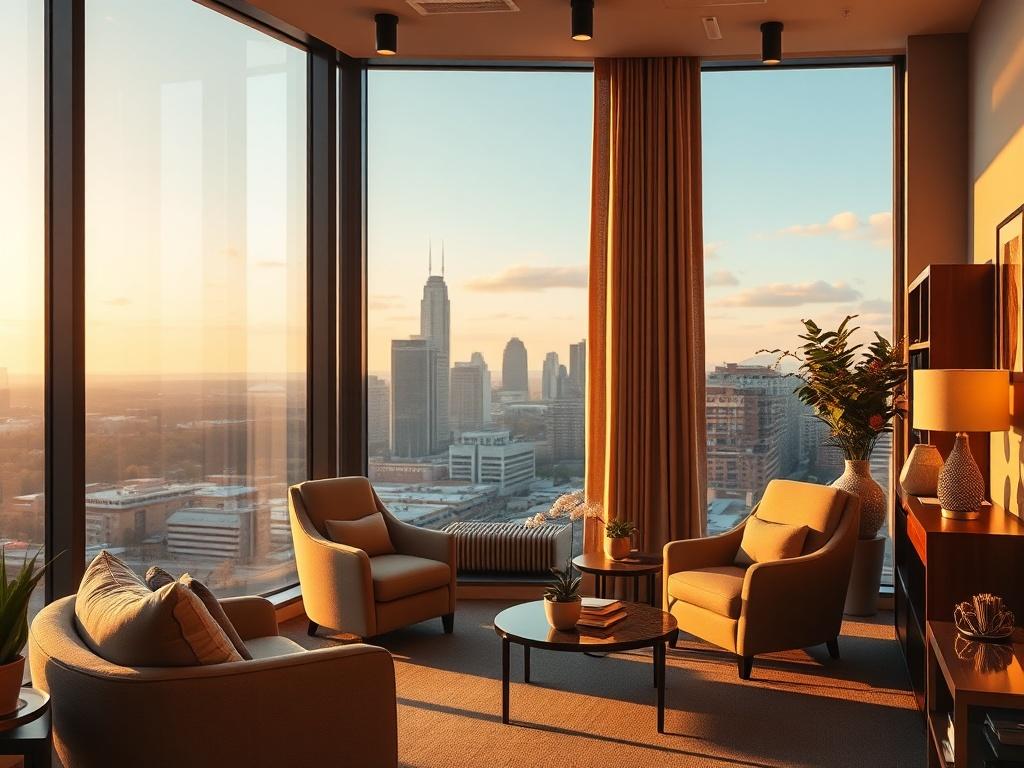 A serene and cozy scene featuring a welcoming property management office in Charlotte, NC. The office should have soft golden lighting and a warm atmosphere, with comfortable seating and inviting decor. The background should include a large window showcasing a view of a tranquil cityscape, emphasizing a sense of professionalism and community. The focus should be on the inviting space that reflects trust and reliability.