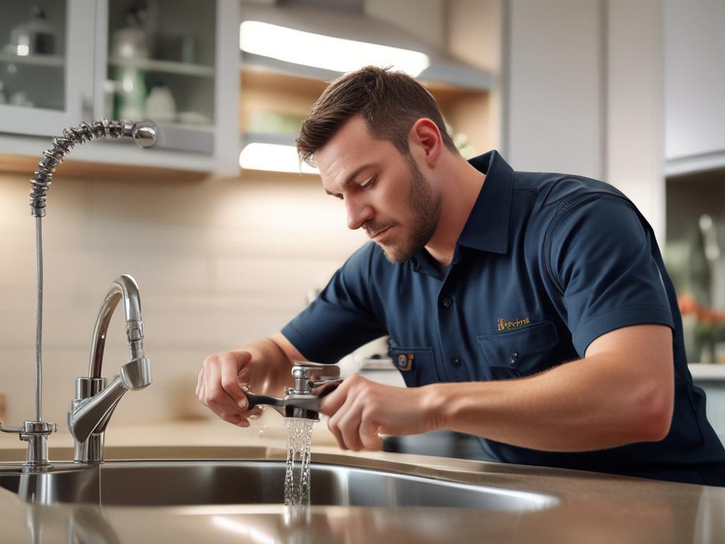 A close-up shot of a maintenance technician fixing a leaky faucet in a modern kitchen, showcasing the technician's focused expression and the shiny fixtures. The background should be softly blurred, emphasizing the technician's actions, with warm lighting that conveys a sense of care and attention to detail, captured with a 45mm f/1.2 lens style.