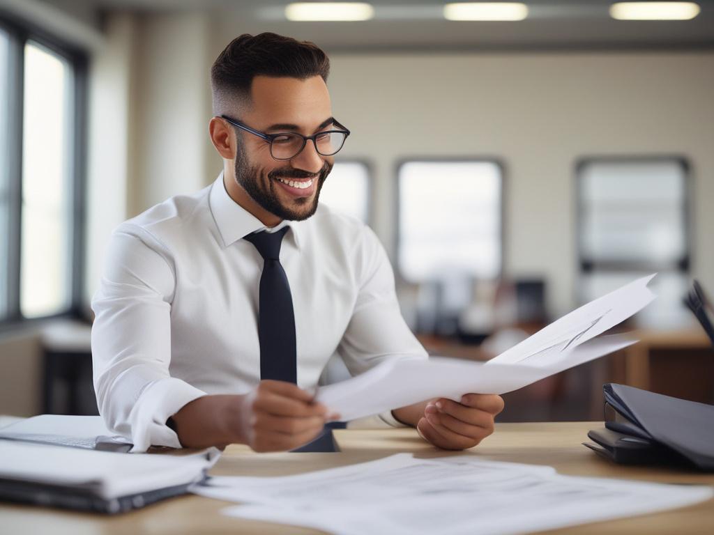 A close-up shot of a smiling property manager reviewing tenant applications in a well-lit office, focusing on a stack of papers on the desk, with a warm and inviting atmosphere that conveys professionalism and trustworthiness. The background should be simple, highlighting a potted plant and a neatly organized workspace, captured with a 45mm f/1.2 lens style.
