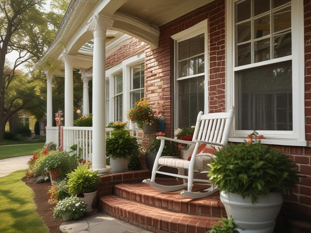 A close-up shot of a welcoming front porch with a rocking chair and potted plants, showcasing a charming house in a vibrant neighborhood. The image should capture the essence of Southern charm with a modern twist, featuring warm sunlight filtering through trees, highlighting the inviting atmosphere. The focus should be sharp on the porch while the background softly blurs, emphasizing the beauty of the home. The colors should resonate with rgb(255, 111, 97), creating a warm and inviting feel.