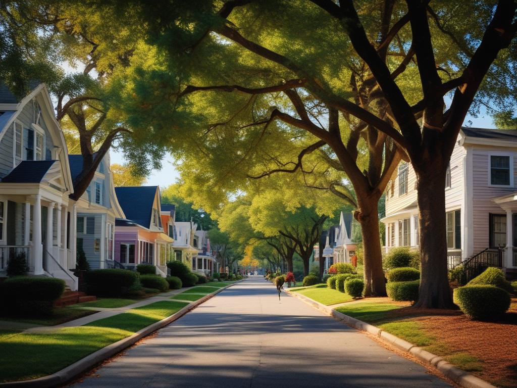 A stunning close-up shot of a charming street lined with beautiful trees and colorful homes, representing a vibrant neighborhood in Charlotte. The image should capture the essence of community with people walking their dogs and children playing nearby, showcasing the lively atmosphere. The composition should highlight the architectural details of the homes while using a warm color palette in alignment with rgb(255, 111, 97). The focus should be sharp on the street scene, inviting viewers to imagine the neig