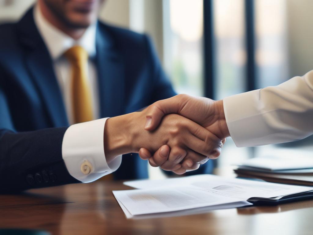 A close-up shot of a professional real estate agent shaking hands with a client in a well-lit office setting. The agent is holding a property brochure, and there is a laptop and a plant in the background. The focus should be on the handshake, capturing the essence of collaboration in real estate. The image should have a warm, inviting tone with realistic high-resolution quality, shot with a 45mm f/1.2 lens style, and the primary color should reflect rgb(214, 155, 37).