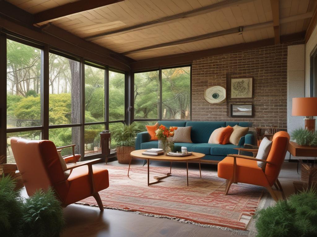 **Prompt for AI Image Generator:**

Create a realistic high-resolution photo that embodies the essence of "Embracing Retro Charm in Charlotte Homes." The composition should feature a single, beautifully restored mid-century modern home located in a verdant neighborhood reflective of Charlotte, NC. 

The subject should be the exterior of the home, showcasing iconic mid-century design elements such as large panoramic windows, a flat roofline, and a welcoming front porch adorned with retro furniture. The color