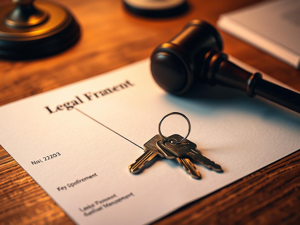 A close-up shot of a legal document with a signature line, a gavel, and a set of house keys resting on a wooden desk. The document appears official, with a subtle focus on the signature area. The warm lighting creates a serious yet inviting atmosphere, emphasizing the importance of legal compliance in property management. The image should align with the primary color rgb(213, 118, 39).