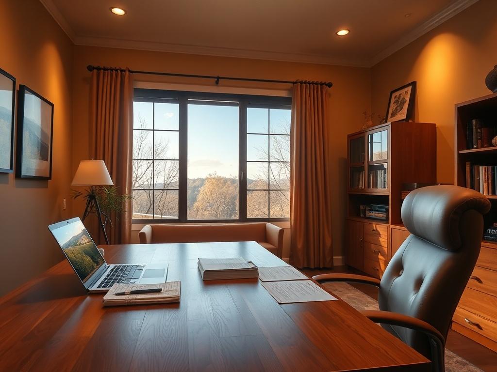 A serene office space reflecting a North Carolina property management company. Features a large wooden desk with a laptop open, papers neatly organized, and a cozy chair. The background displays warm golden hues with soft lighting, creating a welcoming atmosphere. A window shows a glimpse of a beautiful North Carolina landscape with trees and a clear sky, enhancing the sense of local community.