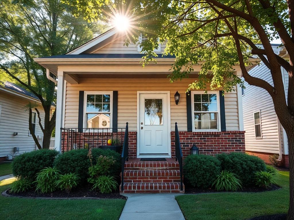 An inviting, high-resolution image of a single-family rental home in the South End of Charlotte. The house features a cozy front porch, well-kept garden, and an attractive facade with a mix of brick and siding. Sunlight reflects off the windows, highlighting the home's charm. In the background, there are trees that provide shade and enhance the neighborhood's appeal. This picture represents a perfect blend of comfort and style, ideal for families seeking a new place to call home.