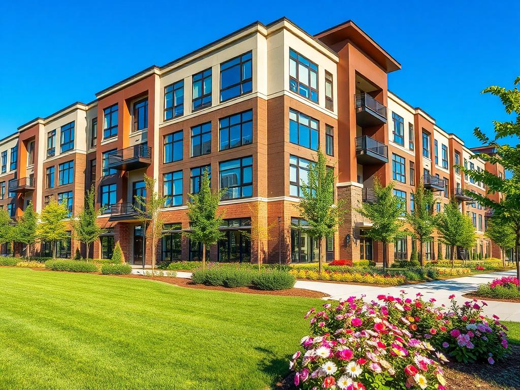 A hyper-realistic exterior view of a beautifully designed multi-family unit in Charlotte, NC. The building features modern architecture with large windows, balconies, and a well-maintained landscape. The foreground includes a manicured lawn with vibrant flowers, while the background showcases a clear blue sky. The sunlight creates luminous highlights on the building's surfaces, emphasizing its sleek design. The image captures a welcoming and safe community atmosphere, ideal for tenants looking for a comfort