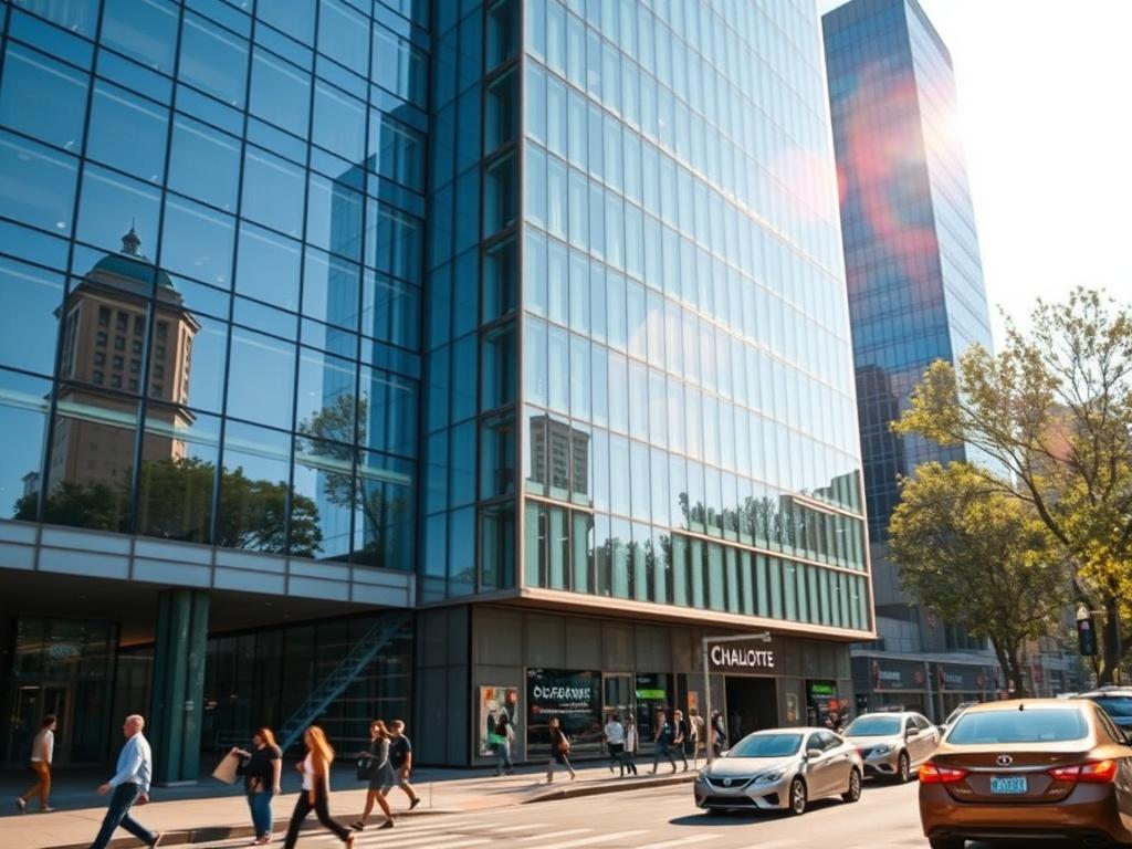 A striking image of a modern commercial space located in Uptown Charlotte. The building's sleek glass exterior gleams under the sun, showcasing its contemporary design. In the foreground, a busy street scene with pedestrians and cars captures the vibrant atmosphere of the area. Luminous reflections on the glass highlight the building's features, while the backdrop includes a clear sky and nearby trees, emphasizing the urban environment. This image effectively portrays the ideal location for businesses looki