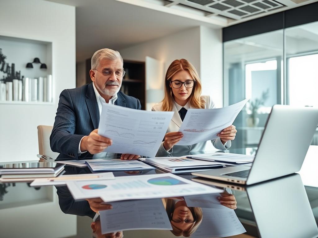 A property owner reviewing financial reports with a property manager in a modern office. The desk is cluttered with financial documents, charts, and a laptop. The image conveys a sense of collaboration and clarity in financial management.
